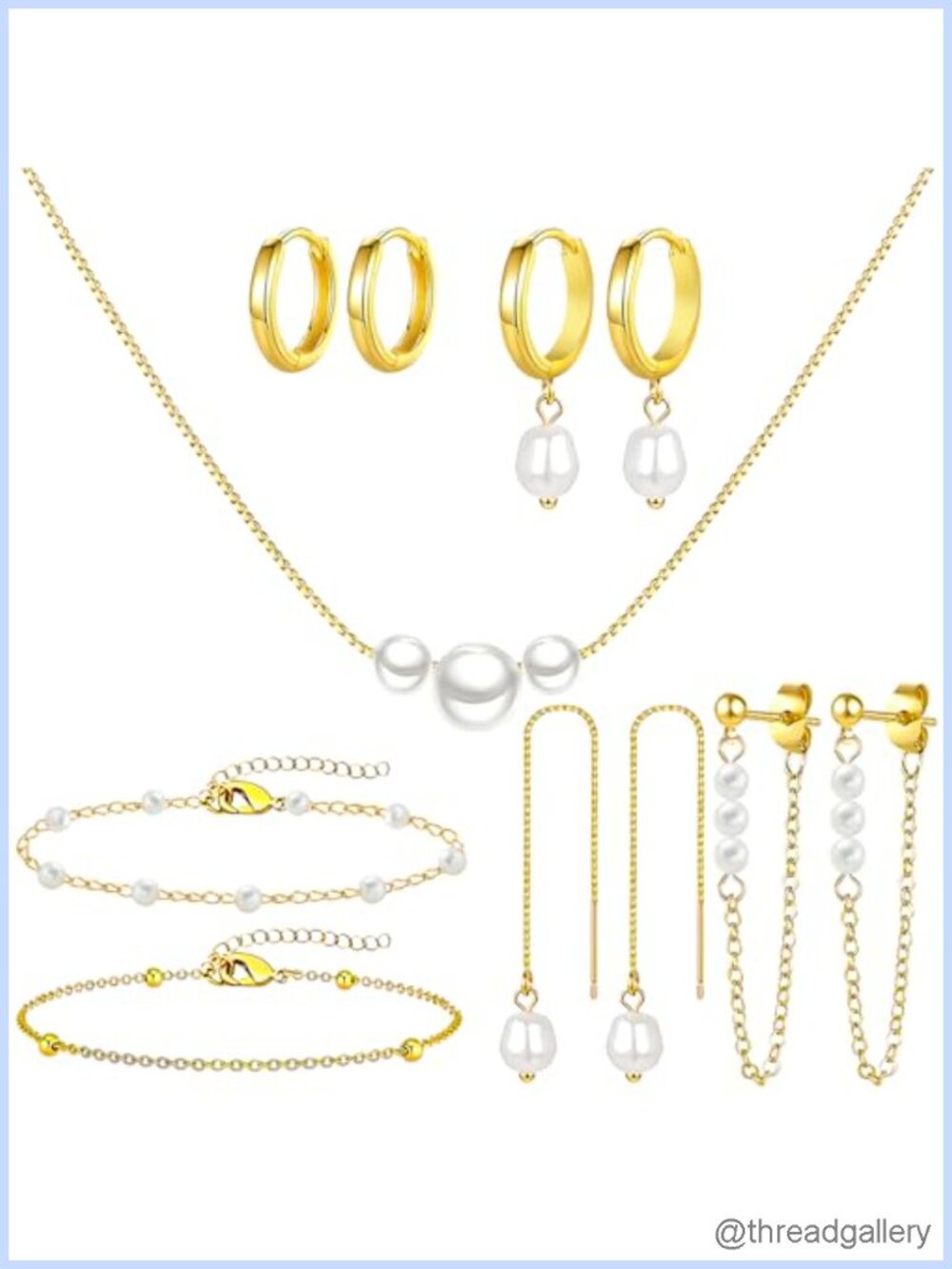 Pearl Jewelry Set 14K Gold Plated Necklace Bracelets Earrings 7 Piece